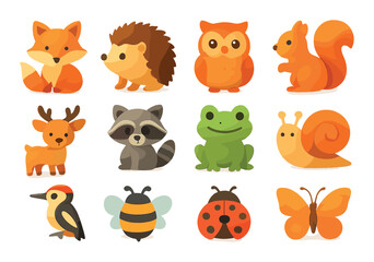 Naklejka premium Nature wildlife silhouette icon set. featuring fox, hedgehog, owl, squirrel, deer, raccoon, frog, snail, bird, bee, ladybug, butterfly.