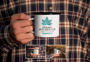 3 Enamel Mug Mockup on The Hand Man For Product Presentation 