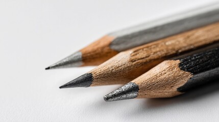 Three sharpened pencils arranged on a plain surface with different colors showcasing their tips prominently for artistic purposes