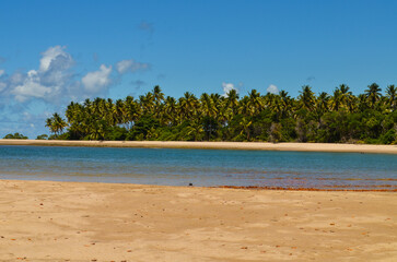 Fototapeta premium The wild coastline of Castelhanos Beach opens to breathtaking blue horizons on Boipeba Island, Bahia.