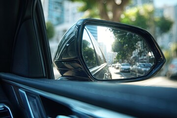 Close-up car side-view mirror reflecting city street