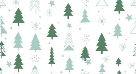 Seamless festive pattern featuring stylized christmas trees and snowflakes background