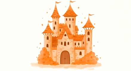 Whimsical watercolor castle with orange hues and fairytale elements