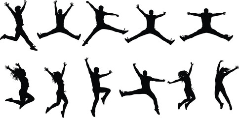 Vector collection of jumping people silhouettes showing various energetic poses, happy men and women celebrating, jumping in different styles.