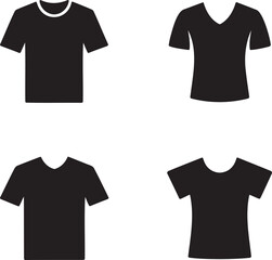  Black T-Shirt Silhouette Set &ndash; Crew Neck, V-Neck, Fitted Styles &ndash; Vector Illustration on White Background 