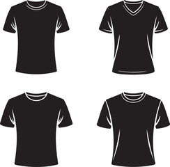 Naklejka premium Black T-Shirt Silhouette Set – Crew Neck, V-Neck, Fitted Styles – Vector Illustration on White Background 