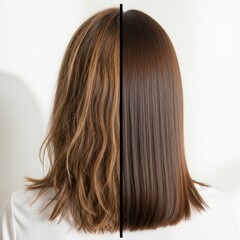 Before and after hair treatment showing damaged and healthy, shiny hair.