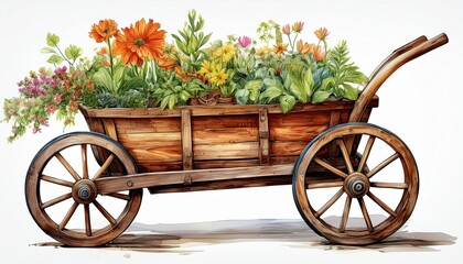 rustic wooden wheelbarrow planter garden decor vintage farm style cart isolated on a white background