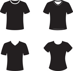  Black T-Shirt Silhouette Set &ndash; Crew Neck, V-Neck, Fitted Styles &ndash; Vector Illustration on White Background 