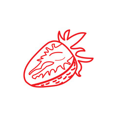 Fototapeta premium Simple red strawberry line art illustration with seeds and leaves. Perfect for fruit icon, healthy food design, organic product label, farm logo, and fresh food graphic elements. 
