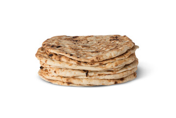 A photo of a six-layer lavash bread stack against a transparent background, highlighting its flaky texture and golden hues in a clean, simple presentation