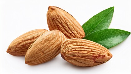 natural raw almonds with fresh green leaves isolated on white background top view