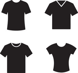 Black T-Shirt Silhouette Set &ndash; Crew Neck, V-Neck, Fitted Styles &ndash; Vector Illustration on White Background 