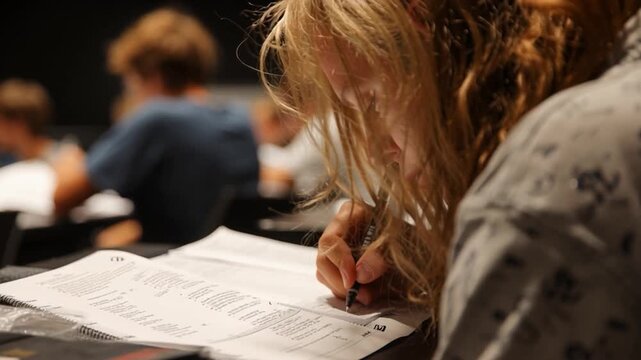Adult student taking notes in night class