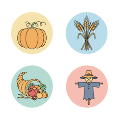 Autumn icons pumpkin, corn, fruits, and scarecrow