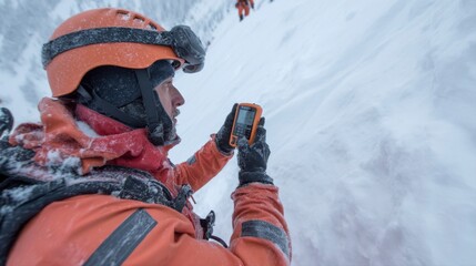 Mountain Rescue Specialist Using Thermal Device in Snowy Conditions