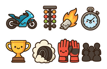 Racing linear icon set. featuring motorcycle, traffic light, helmet, stopwatch, trophy, tire, gloves, team symbols.