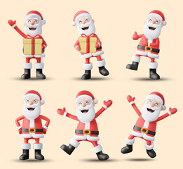 3D illustration vector render set of 6 cute and colorful Santa Claus cartoon icons, some holding gift boxes, for design, Christmas cards, posters, festivals, advertisements.