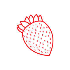 Simple red strawberry line art illustration with seeds and leaves. Perfect for fruit icon, healthy food design, organic product label, farm logo, and fresh food graphic elements.
