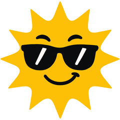 Smiling yellow sun cartoon with sunglasses representing summer fun and cool vibes