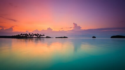 Fototapeta premium Vibrant sunset reflects across serene ocean horizon with rocky shoreline ambiance