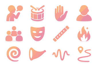 Music and communication silhouette icon set. featuring drums, hand, mask, flute, fire, and meeting symbols.