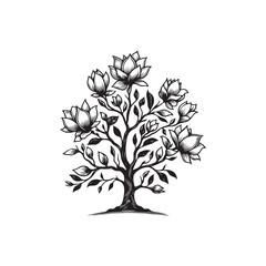 Obraz premium Black Color Magnolia Tree Silhouette Vector Illustration, Solid White Background.