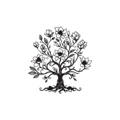 Black Color Magnolia Tree Silhouette Vector Illustration, Solid White Background.