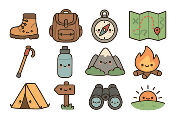 Camping adventure flat icons set. featuring boot, backpack, compass, map, tent, and campfire symbols.