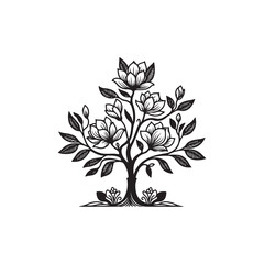 Black Color Magnolia Tree Silhouette Vector Illustration, Solid White Background.