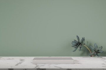 3D Render Marble Pedestal with Succulent Plant on Green Background