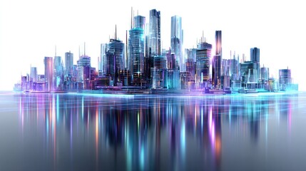Fototapeta premium Futuristic Metropolis: A vibrant, futuristic cityscape glows with an otherworldly aura, its sleek towers reflecting in a mirroring surface.