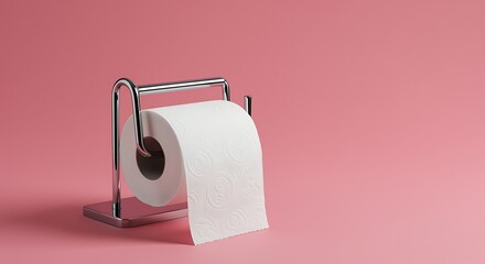 A single roll of toilet paper on a chrome stand against a pink background