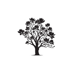 Black Color Magnolia Tree Silhouette Vector Illustration, Solid White Background.