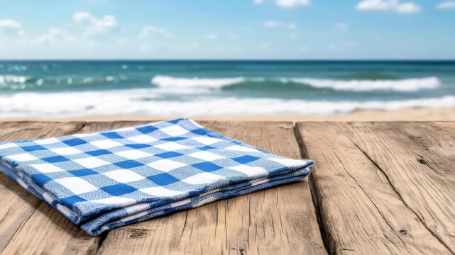 Checkered picnic blanket on wooden table near beach with ocean waves under blue sky
