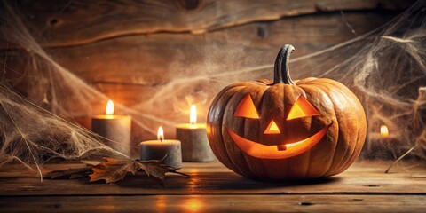 Enchanted Autumn Eve A Carved Pumpkin Glows Amidst Candles and Ethereal Webs on Rustic Wood