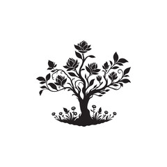 Black Color Magnolia Tree Silhouette Vector Illustration, Solid White Background.