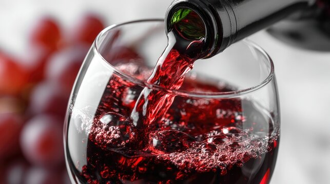 Wine Pouring: A close-up of wine gracefully cascading into a crystal glass, a rich, ruby-red spectacle. Captured near a cluster of fresh grapes