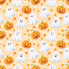 Obraz premium A sweet and whimsical seamless Halloween pattern featuring a repeating design of adorable, smiling ghosts, cute jack-o'-lanterns, and scattered candy corn.