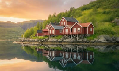 Obraz premium Red cabins reflected on tranquil water at sunrise