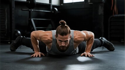 Man performing push-ups in a gym environment