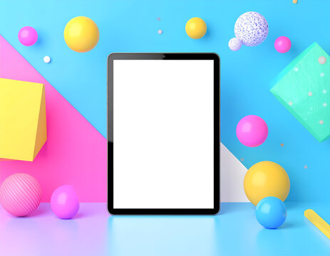 Black Tablet Mockup on Metallic Surface with Colorful Abstract Shapes