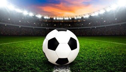Soccer ball on a stadium field at sunset