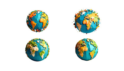 A set of small origami globe illustrations with illustrations of continents and symbols of the world