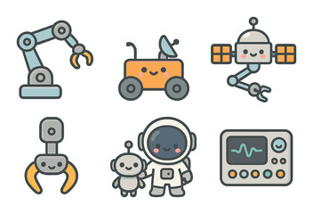 Space exploration flat icon set. featuring robot arm, rover, satellite, claw, astronaut, console.