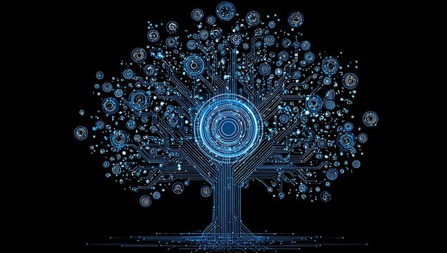 Glowing digital tree of life with circuit board branches