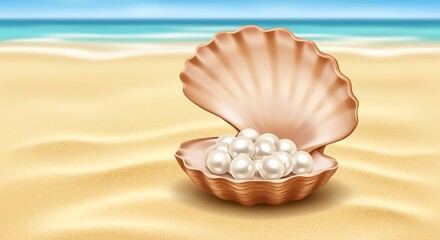 Open seashell filled with lustrous pearls on a sandy beach with ocean background