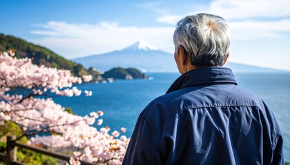 Fototapeta premium 故郷の海を見つめる孤独な旅人（男性）
