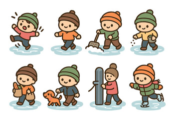 Winter activities flat icon set. featuring kids playing, snow shoveling, snowball, dog walking, and skiing.