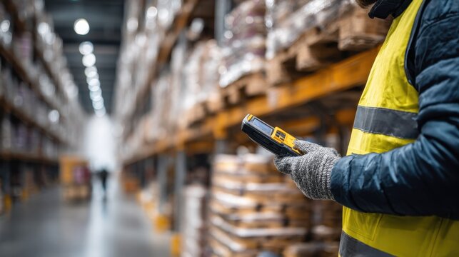 Medium shot of a busy warehouse worker scanning frozen food pallets highlighting efficient supply chain management with blurred industrial background.